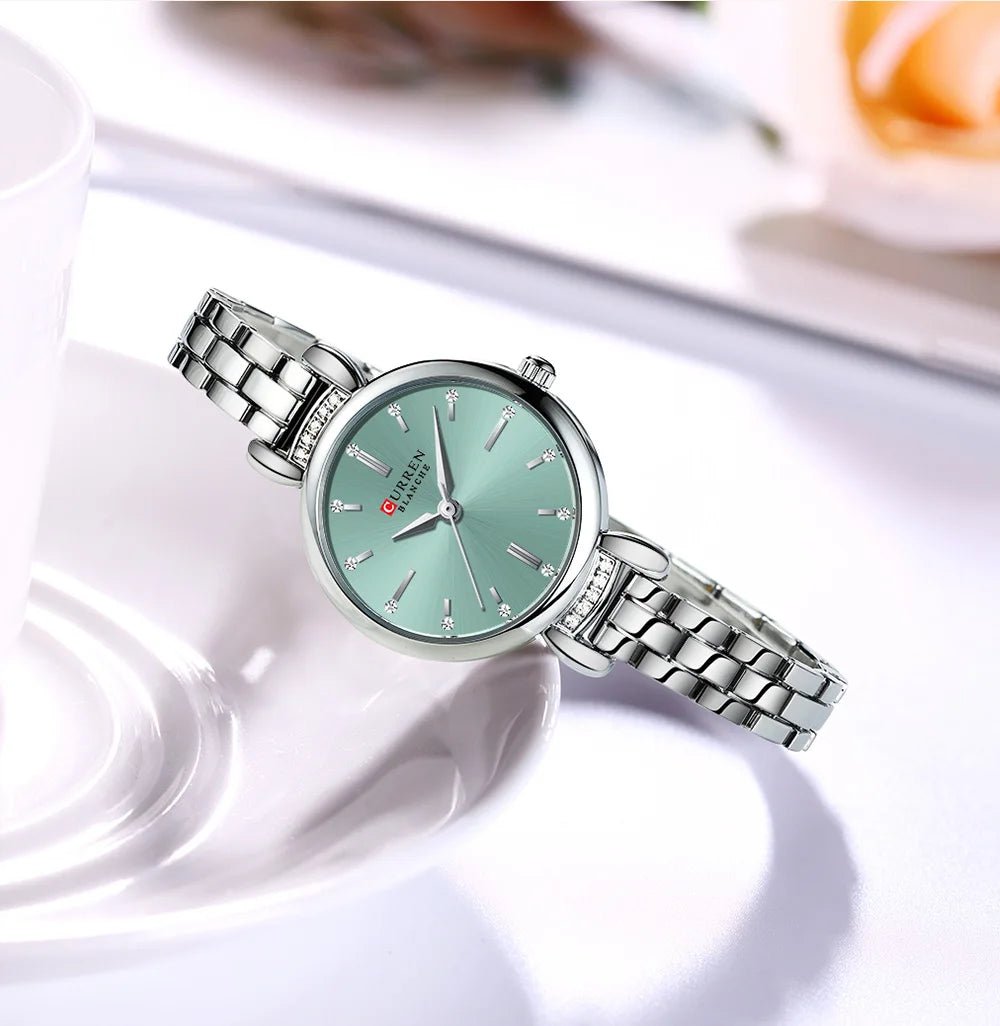 C-9098L Curren Sea Blue Dial SILVER Stainless Steel Chain Analog Quartz Women's fashion Watch. - Timecheck