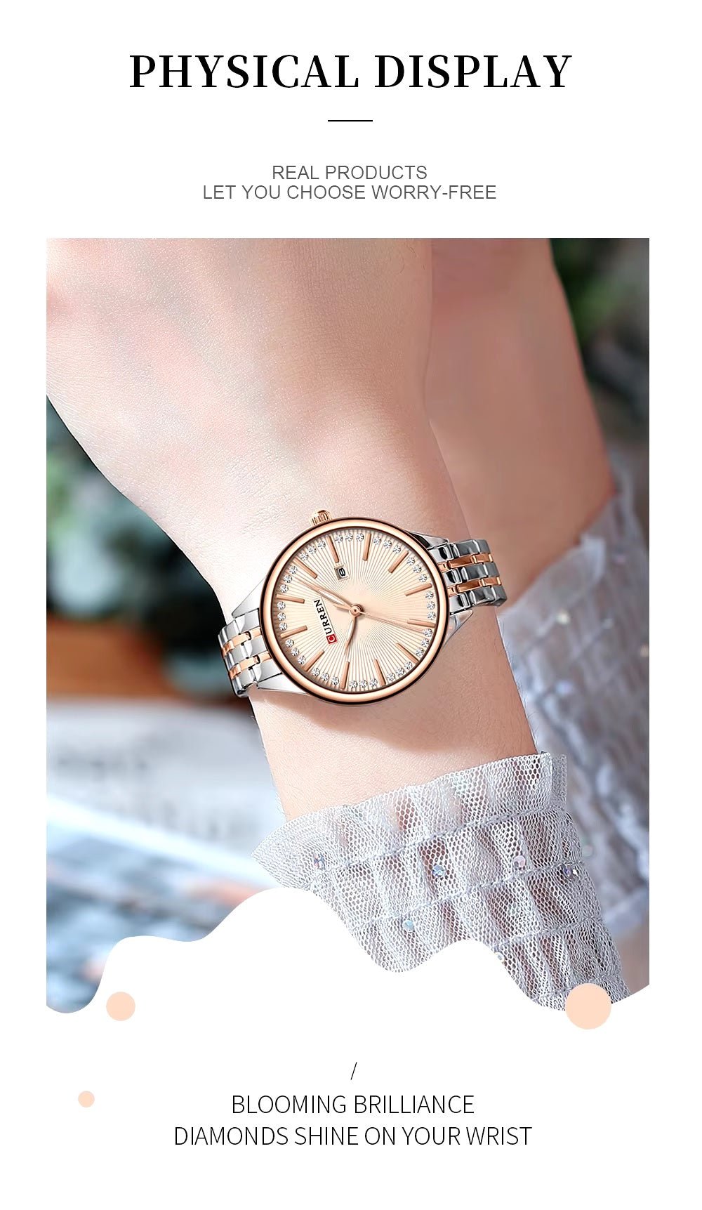 C-9099L Curren ROSE GOLD Dial TWO TONE Stainless Chain Steel Analog Quartz Women's Watch. - Timecheck