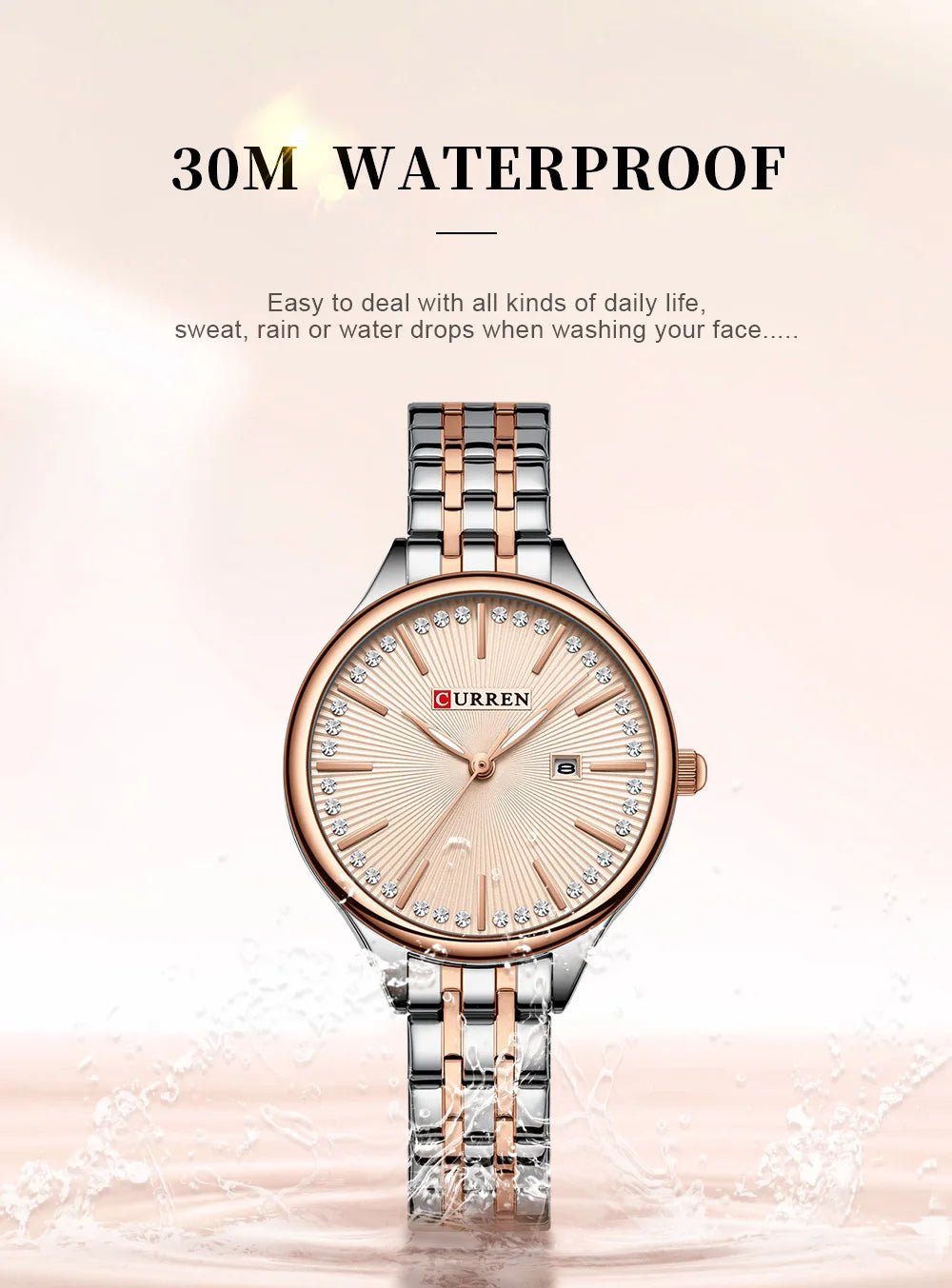C-9099L Curren ROSE GOLD Dial TWO TONE Stainless Chain Steel Analog Quartz Women's Watch. - Timecheck