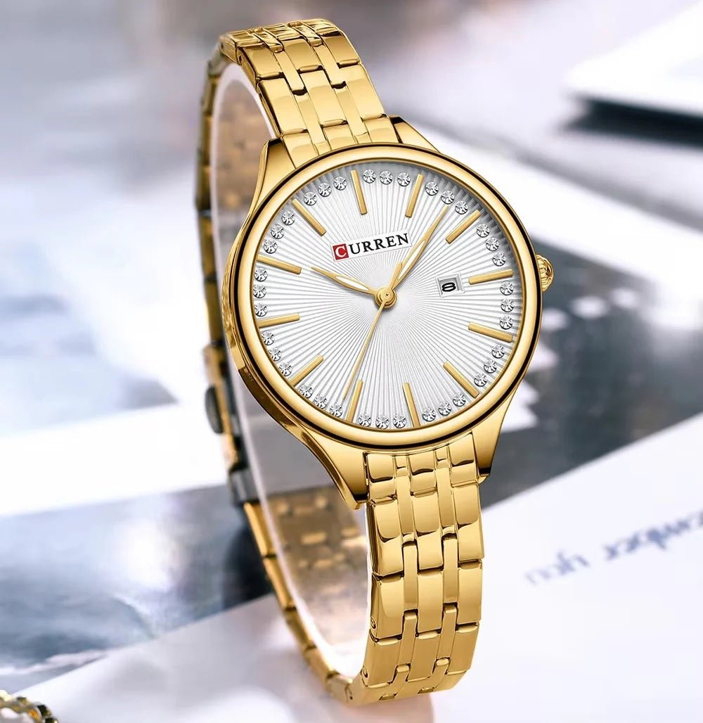 C-9099L Curren WHITE Dial GOLDEN Stainless Chain Steel Analog Quartz Women's Watch. - Timecheck