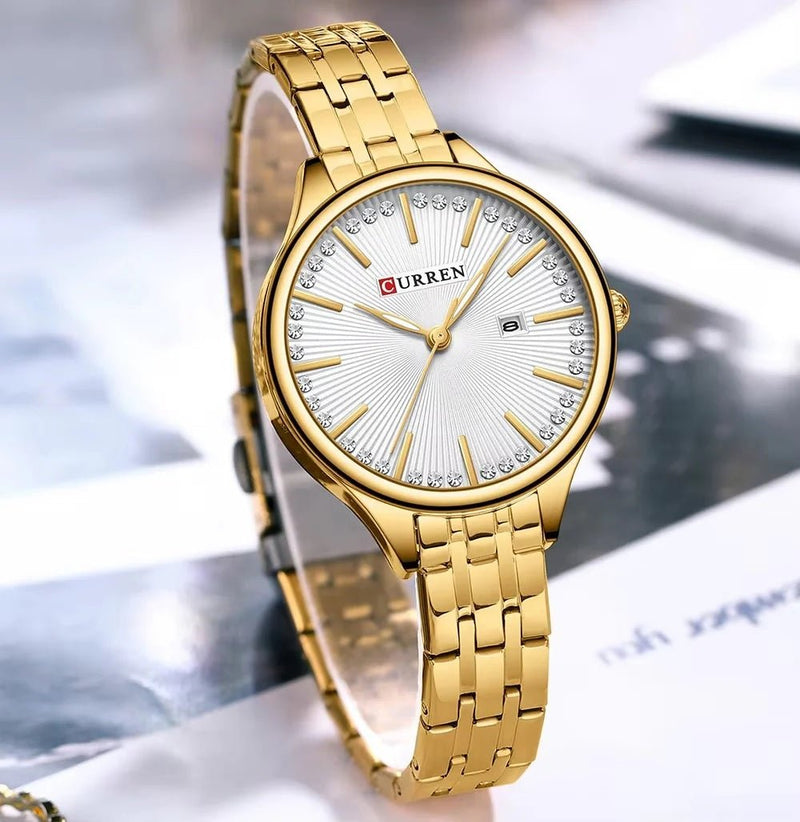 C-9099L Curren WHITE Dial GOLDEN Stainless Chain Steel Analog Quartz Women's Watch. - Timecheck