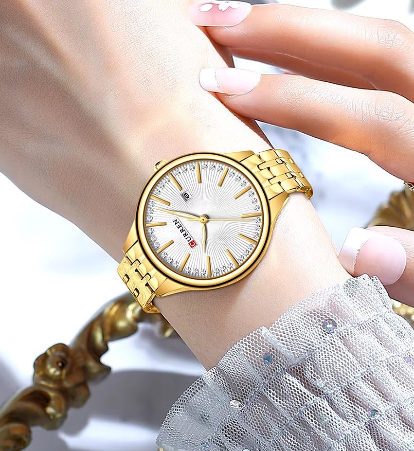 C-9099L Curren WHITE Dial GOLDEN Stainless Chain Steel Analog Quartz Women's Watch. - Timecheck