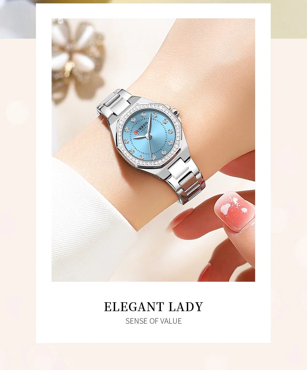 C-9100L Curren blue Dial silver Stainless Chain Steel Analog Quartz Women's Watch with brand {box&bag} - Timecheck