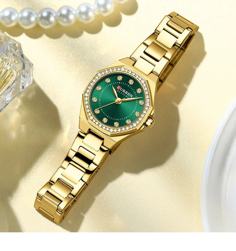 C-9100L Curren green Dial gold Stainless Chain Steel Analog Quartz Women's Watch with brand {box&bag} - Timecheck