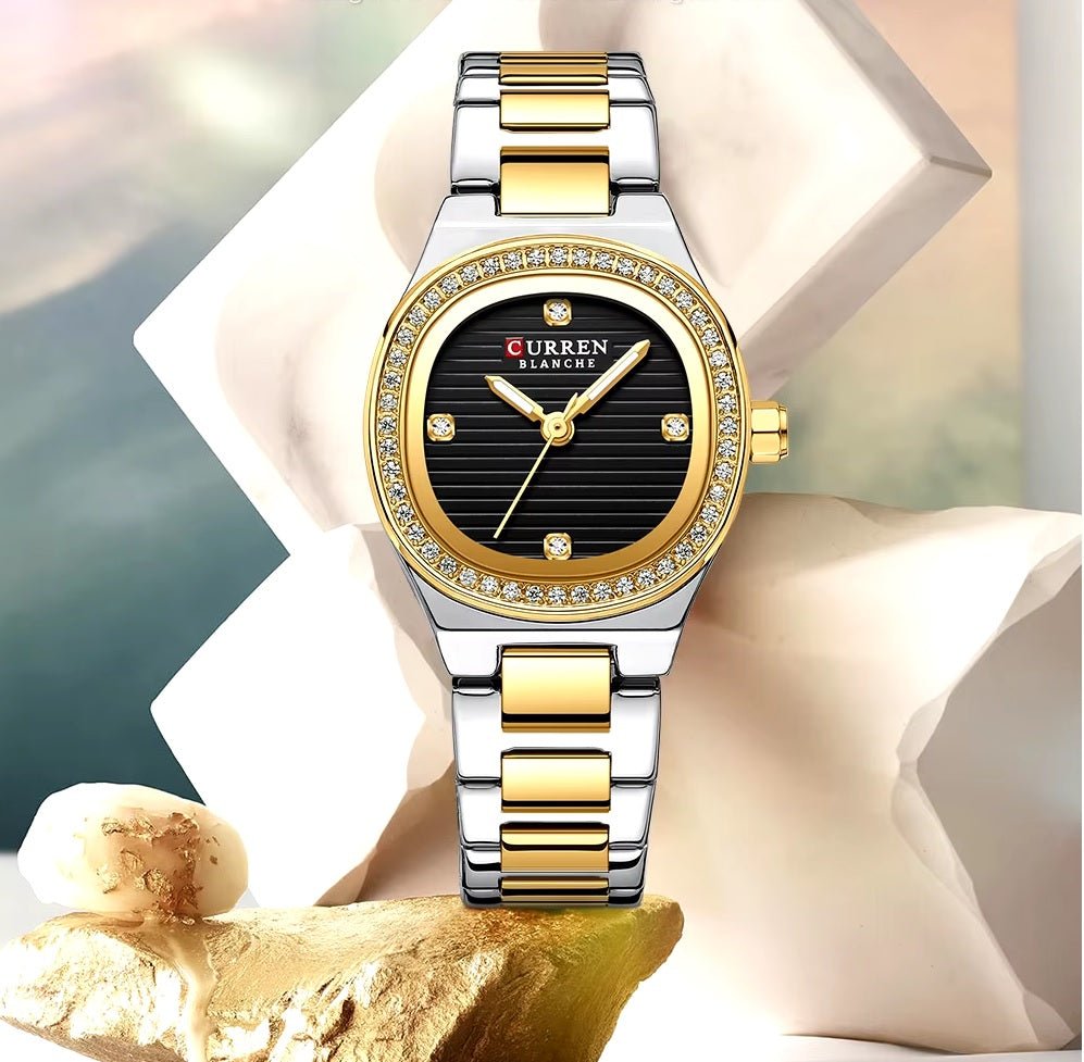 C-9101L Curren Black Dial silver gold Stainless Chain Steel Analog Quartz Women's Watch. - Timecheck