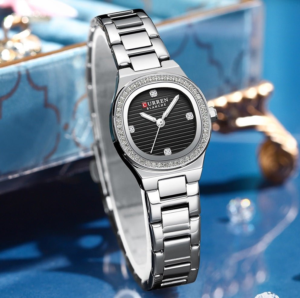 C-9101L Curren Black Dial silver Stainless Chain Steel Analog Quartz Women's Watch. - Timecheck