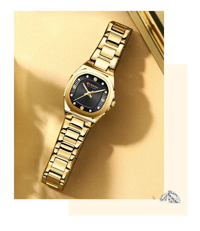 C-9104LCurren Black Dial Golden Stainless Chain Steel Analog Quartz Women's Watch - Timecheck