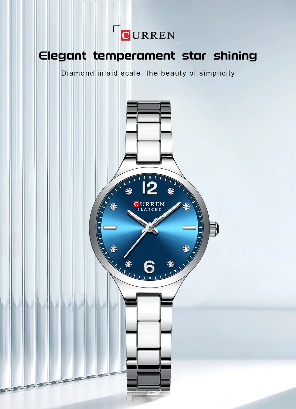 C-9105L Curren Royal Blue Dial silver Stainless Steel Analog Quartz Women's Watch. - Timecheck