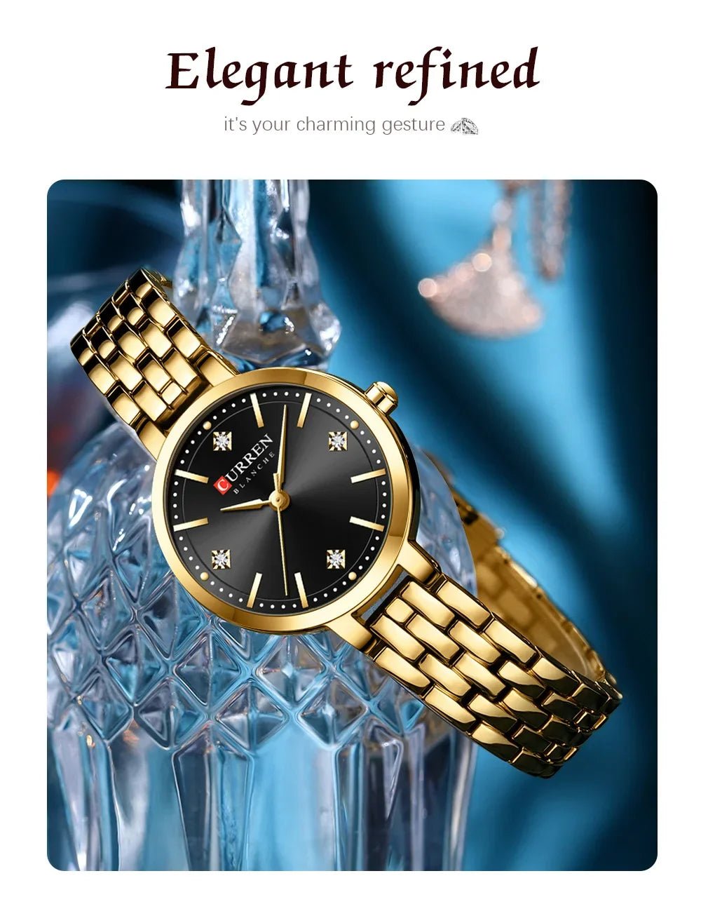 C-9106L Curren Black Dial & Golden Stainless Steel Chain Analog Quartz Women's Watch. - Timecheck