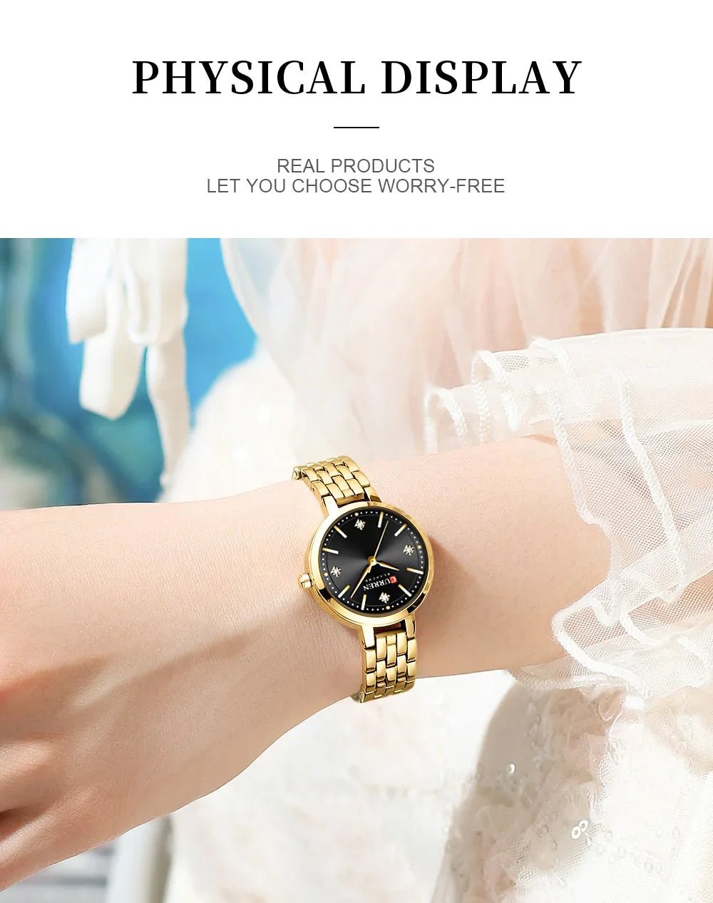 C-9106L Curren Black Dial & Golden Stainless Steel Chain Analog Quartz Women's Watch. - Timecheck