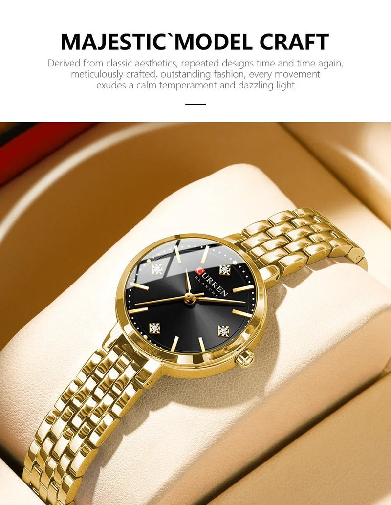 C-9106L Curren Black Dial & Golden Stainless Steel Chain Analog Quartz Women's Watch. - Timecheck
