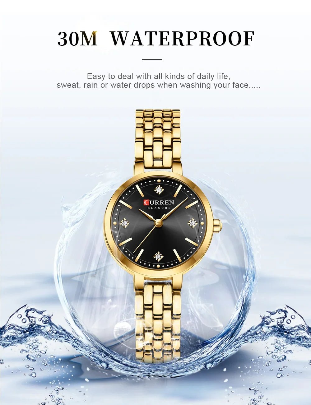 C-9106L Curren Black Dial & Golden Stainless Steel Chain Analog Quartz Women's Watch. - Timecheck