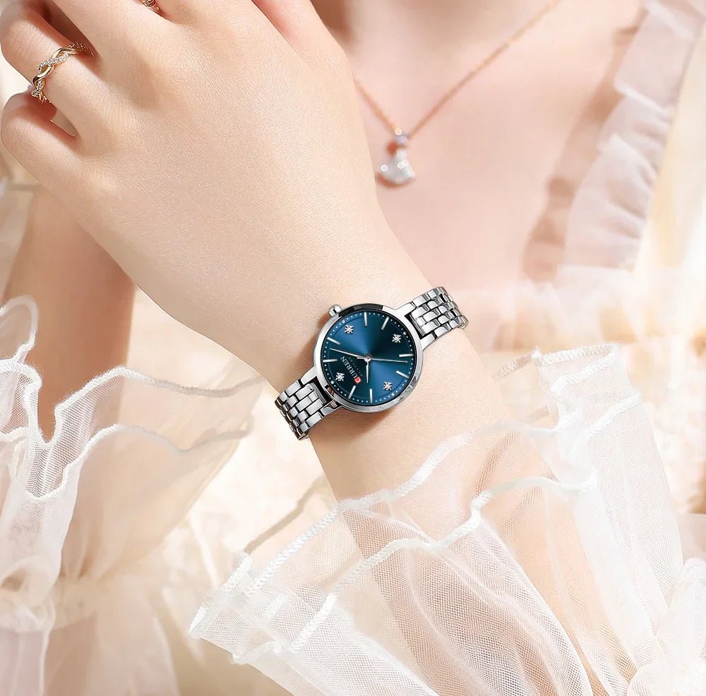 C-9106L Curren Blue Dial & Silver Stainless Steel Chain Analog Quartz Women's Watch. - Timecheck