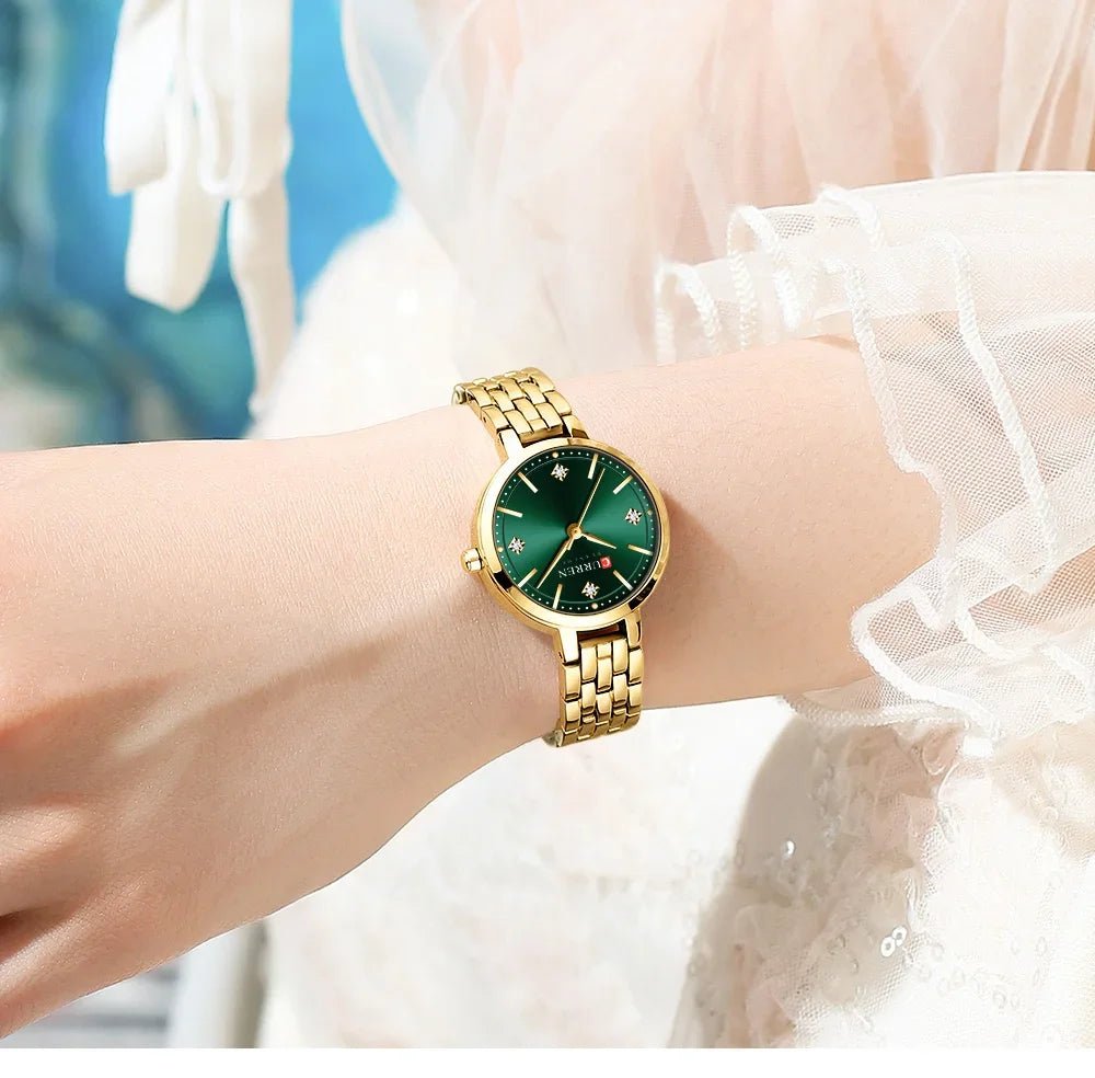 C-9106L Curren Green Dial & Golden Stainless Steel Chain Analog Quartz Women's Watch. - Timecheck