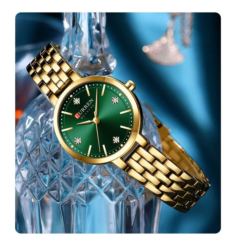 C-9106L Curren Green Dial & Golden Stainless Steel Chain Analog Quartz Women's Watch. - Timecheck