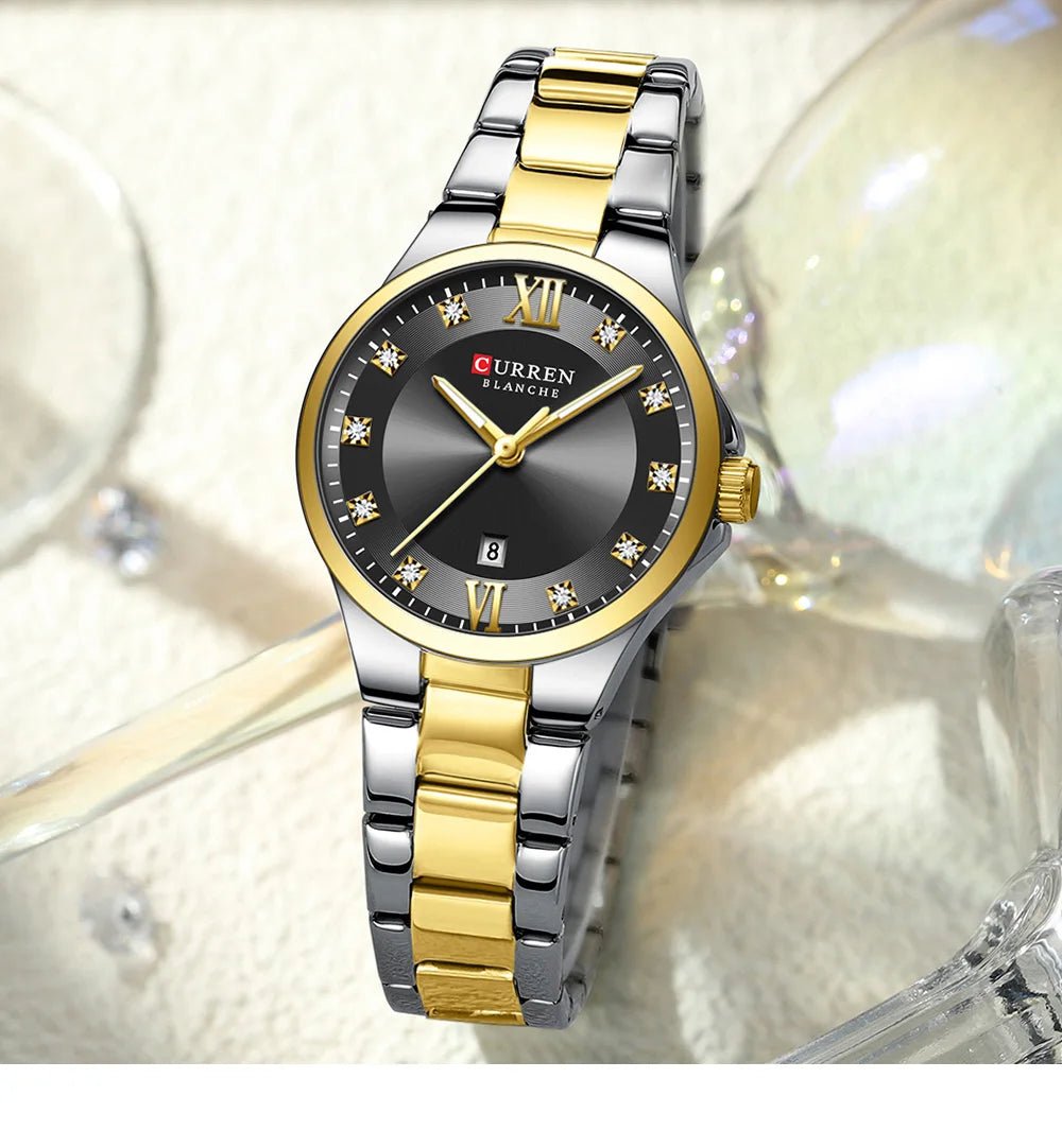 C-9107L Curren Black Dial & Golden Silver Stainless Steel Chain Analog Quartz Women's Watch. - Timecheck