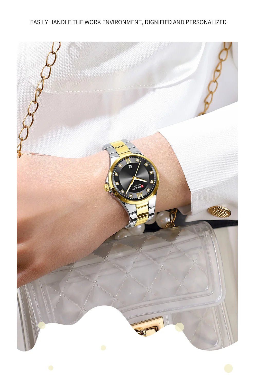 C-9107L Curren Black Dial & Golden Silver Stainless Steel Chain Analog Quartz Women's Watch. - Timecheck