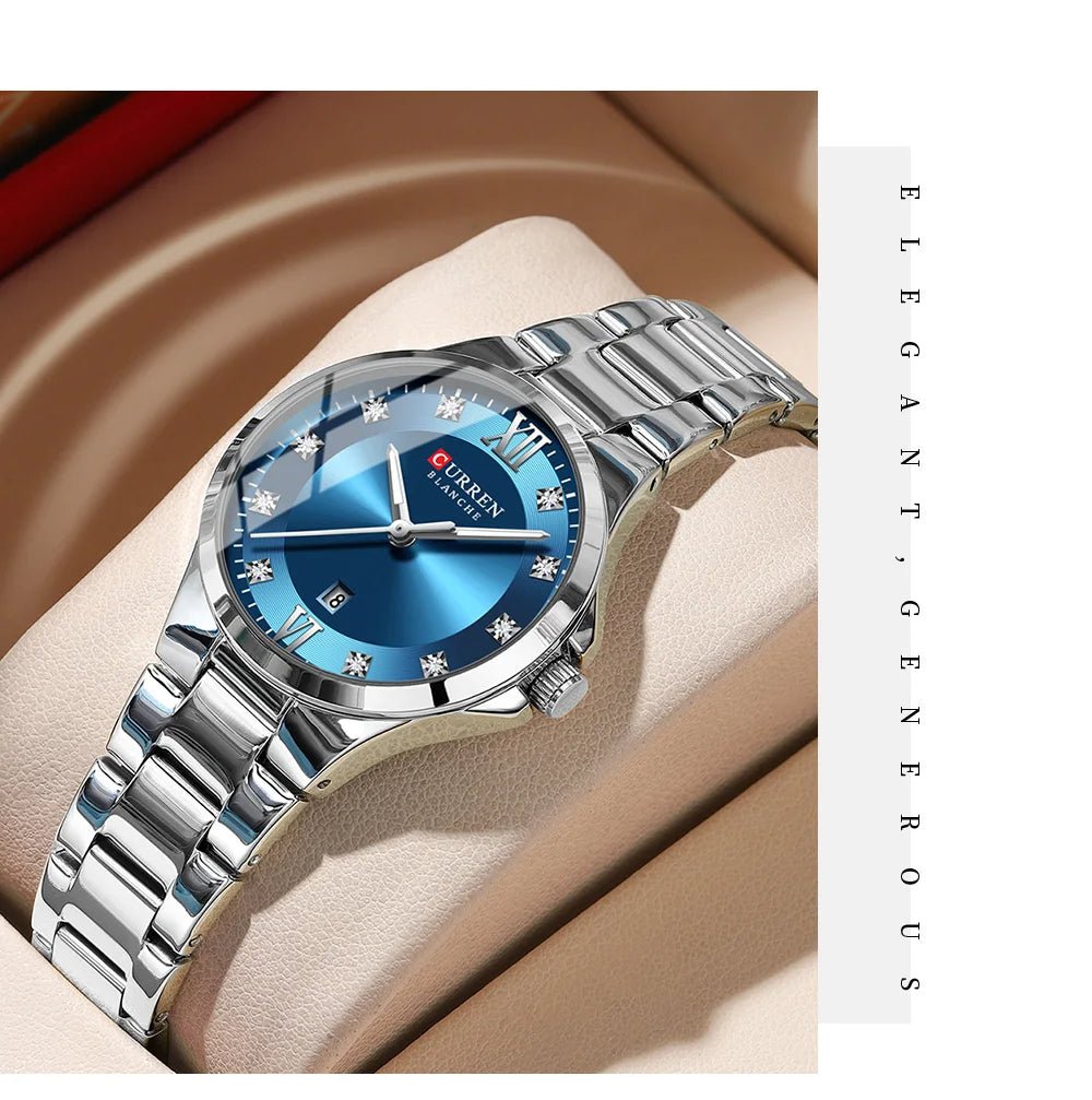 C-9107L Curren Blue Dial & Silver Stainless Steel Chain Analog Quartz Women's Watch. - Timecheck