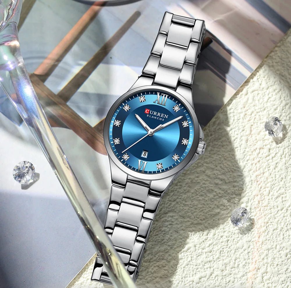 C-9107L Curren Blue Dial & Silver Stainless Steel Chain Analog Quartz Women's Watch. - Timecheck