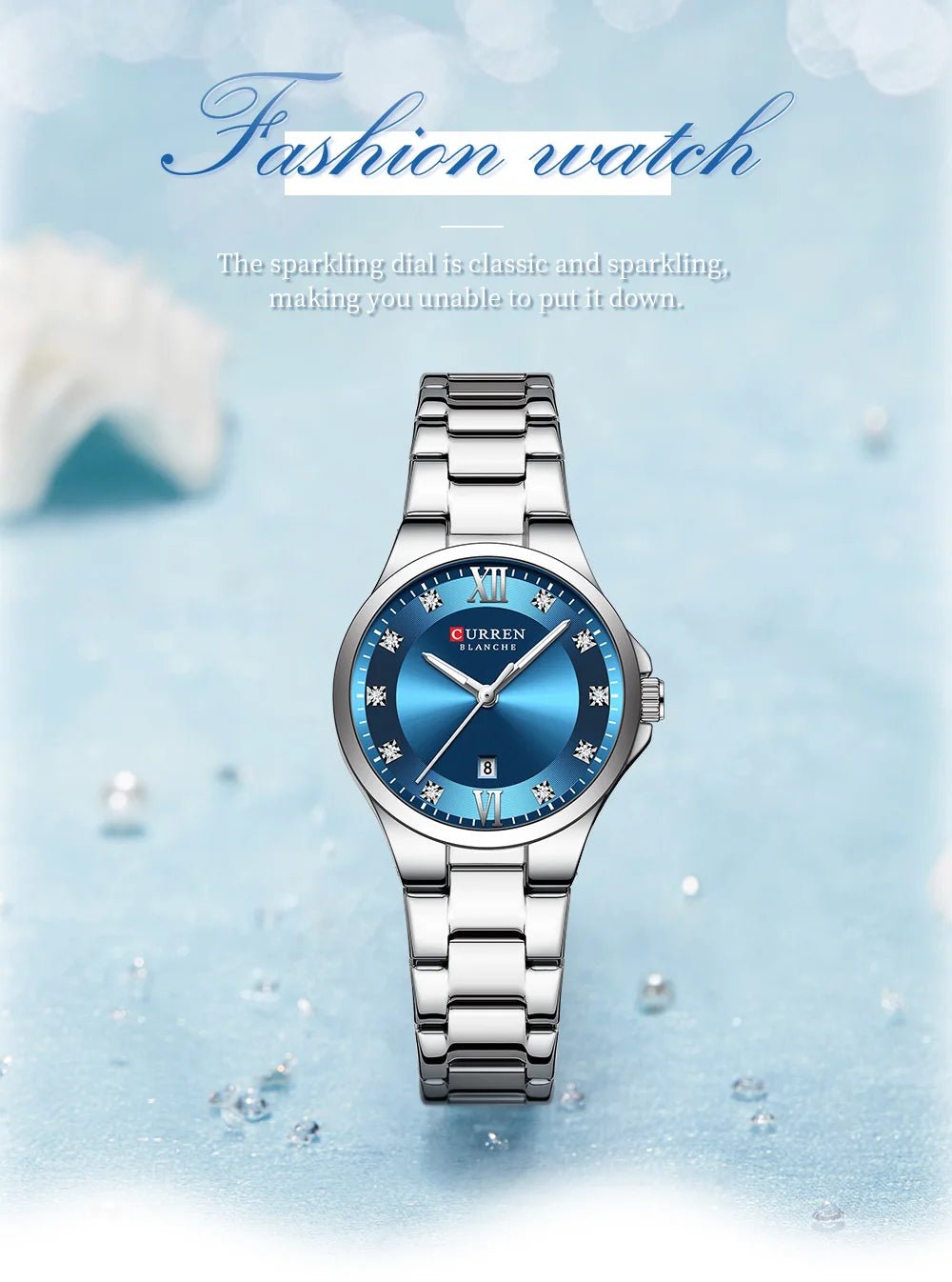 C-9107L Curren Blue Dial & Silver Stainless Steel Chain Analog Quartz Women's Watch. - Timecheck