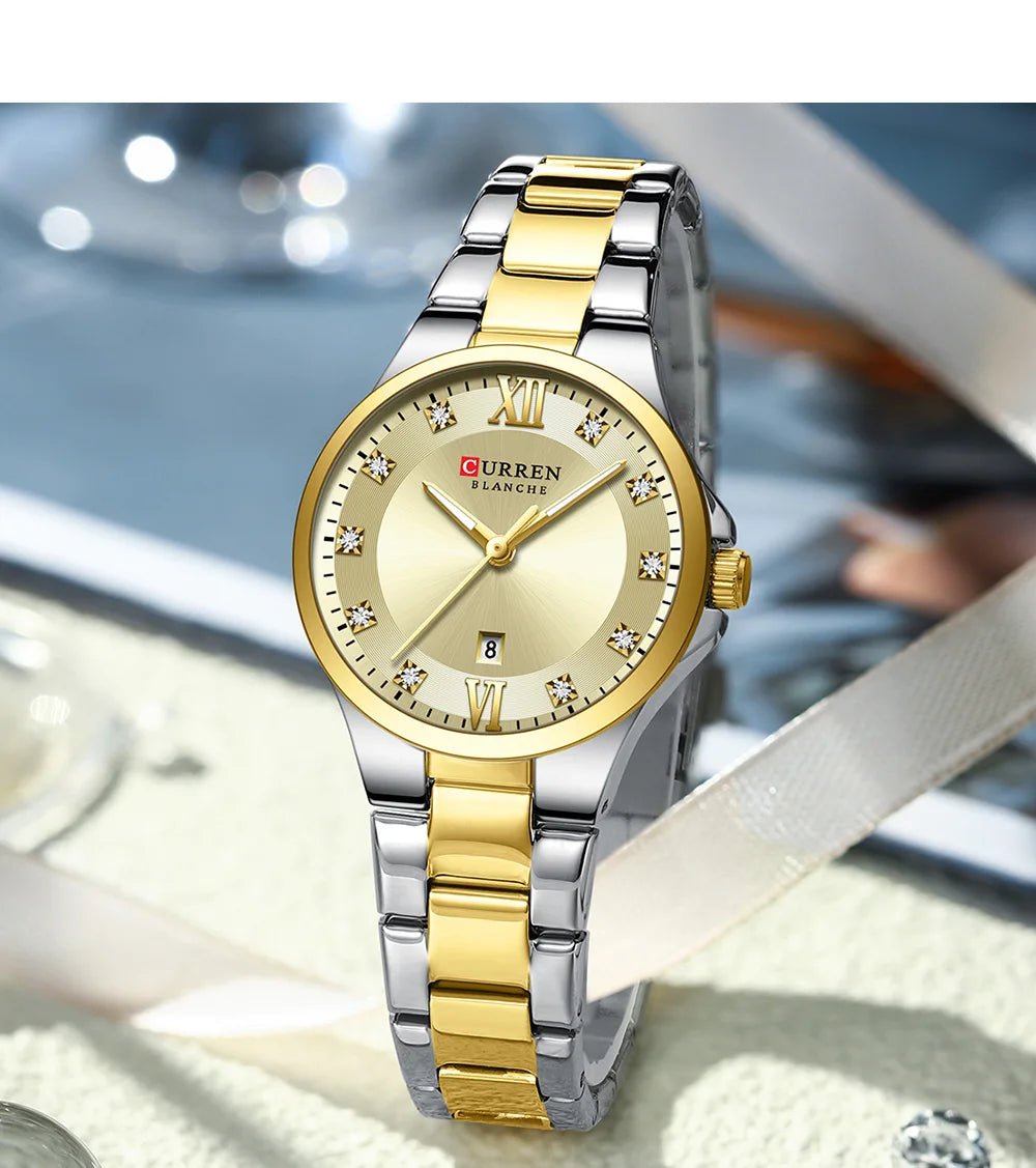 C-9107L Curren Golden Dial & Golden Silver Stainless Steel Chain Analog Quartz Women's Watch. - Timecheck