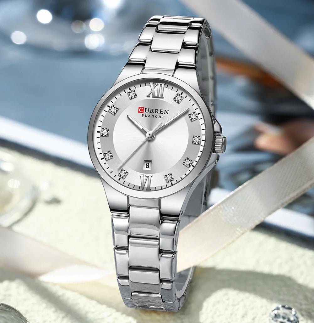 C-9107L Curren Silver Dial & Silver Stainless Steel Chain Analog Quartz Women's Watch. - Timecheck