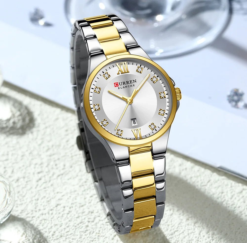 C-9107L Curren White Dial & Golden Silver Stainless Steel Chain Analog Quartz Women's Watch. - Timecheck
