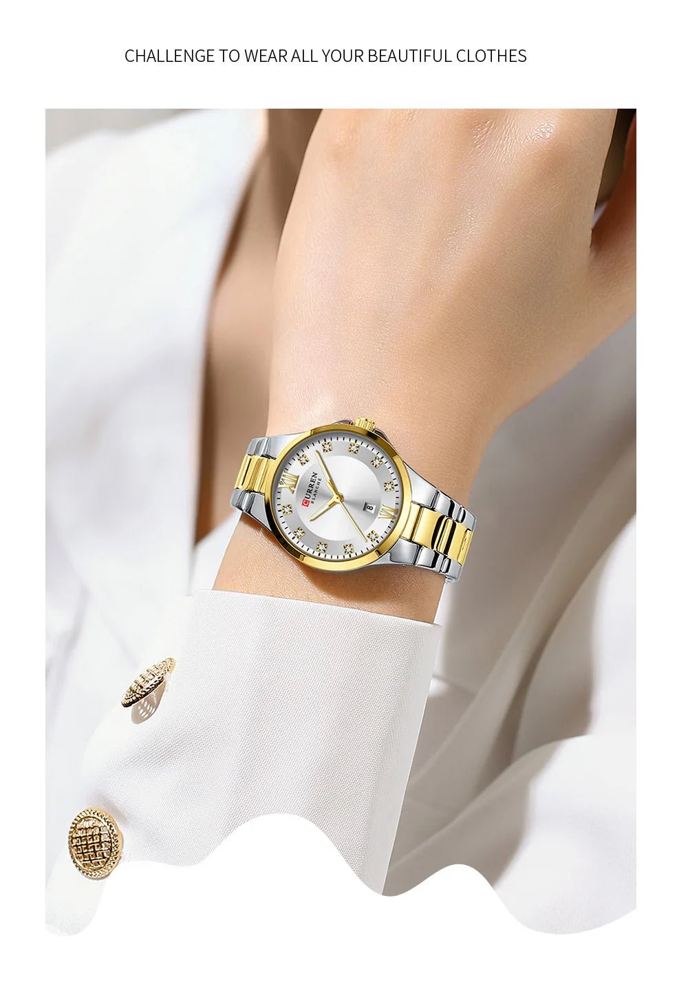 C-9107L Curren White Dial & Golden Silver Stainless Steel Chain Analog Quartz Women's Watch. - Timecheck