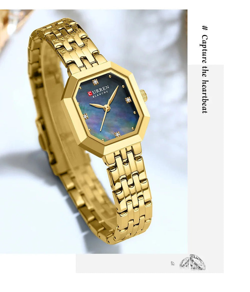 C-9108L Curren Blue Dial Golden Stainless Chain Steel Analog Quartz Women's Watch - Timecheck