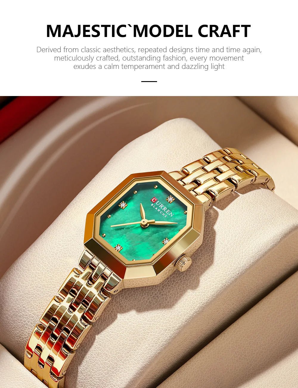 C-9108L Curren Green Dial Golden Stainless Chain Steel Analog Quartz Women's Watch - Timecheck