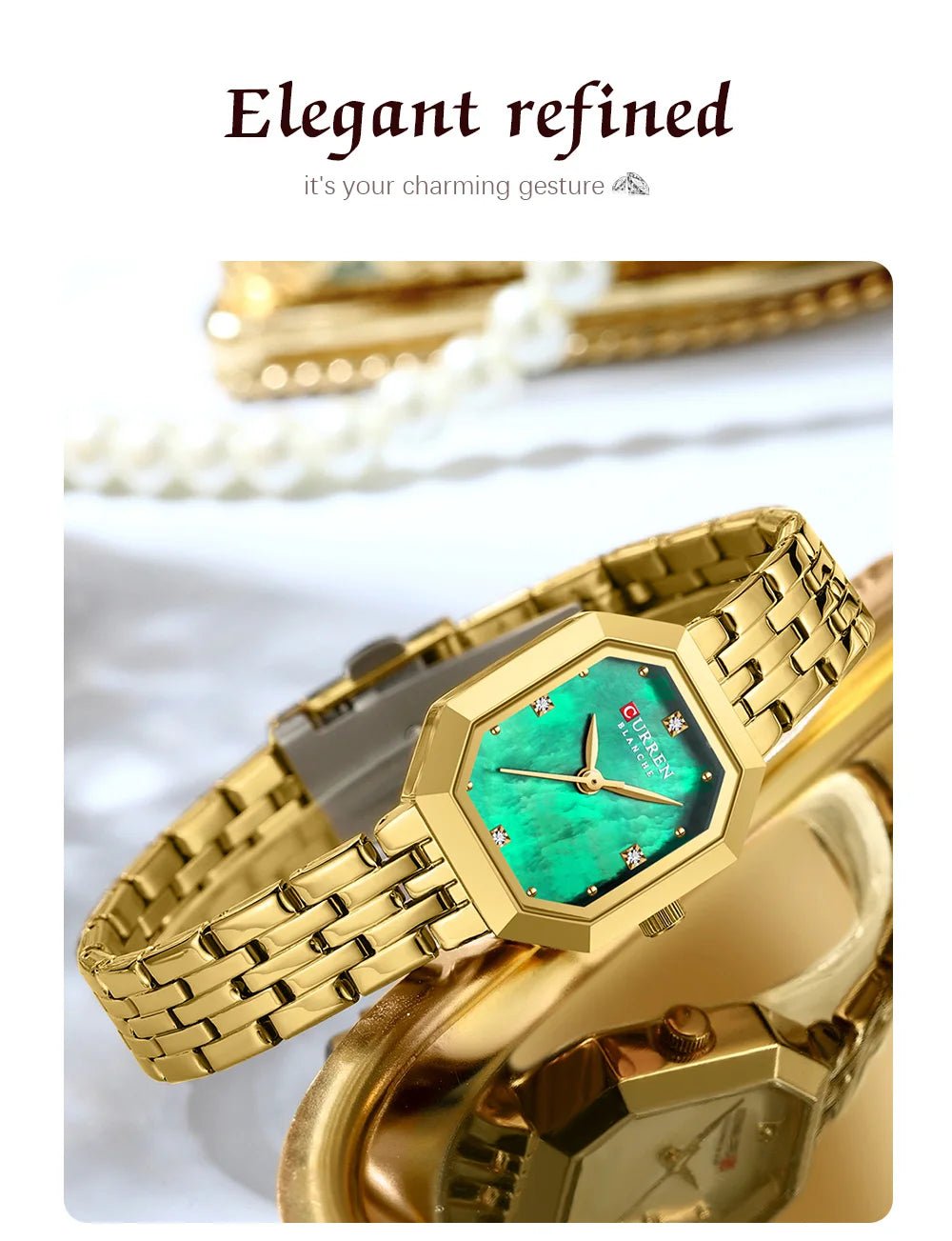 C-9108L Curren Green Dial Golden Stainless Chain Steel Analog Quartz Women's Watch - Timecheck