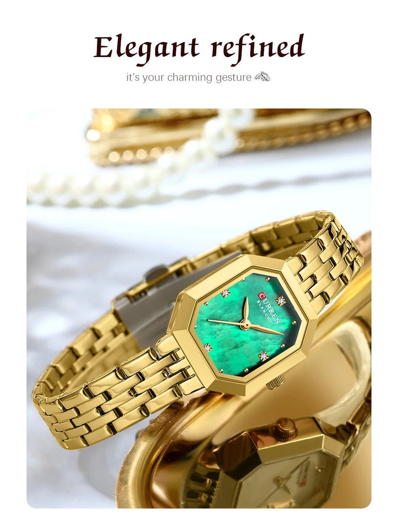 C-9108L Curren Green Dial Golden Stainless Chain Steel Analog Quartz Women's Watch - Timecheck