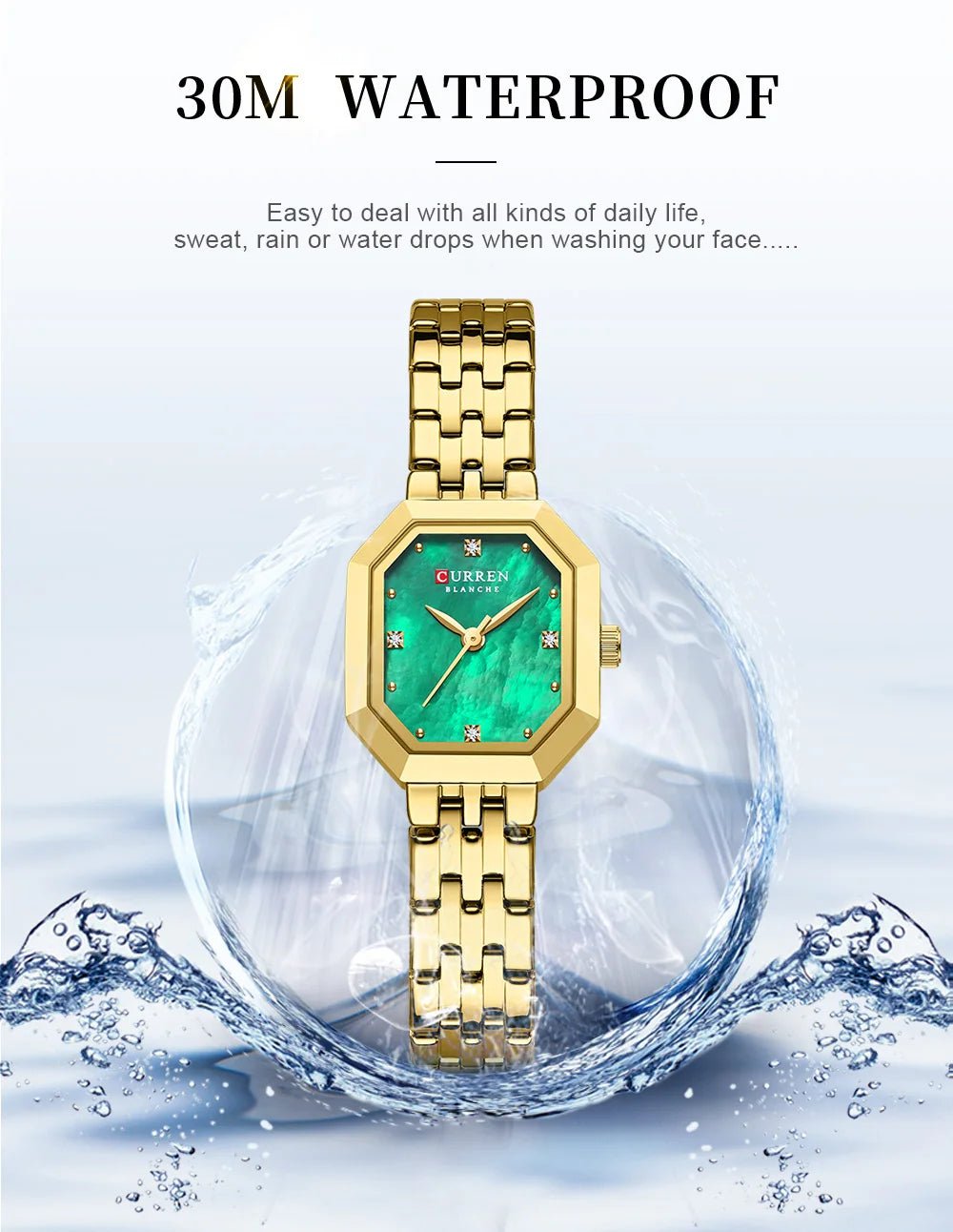 C-9108L Curren Green Dial Golden Stainless Chain Steel Analog Quartz Women's Watch - Timecheck