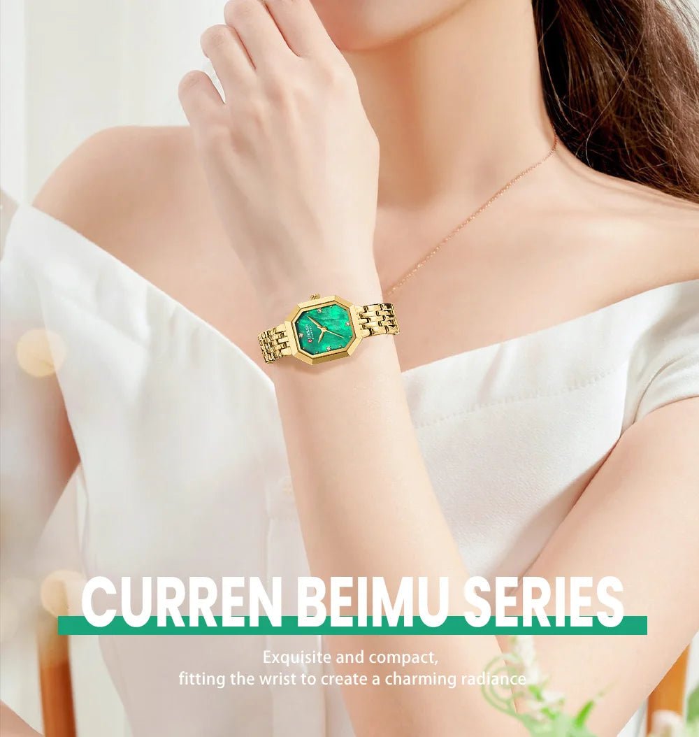 C-9108L Curren Green Dial Golden Stainless Chain Steel Analog Quartz Women's Watch - Timecheck