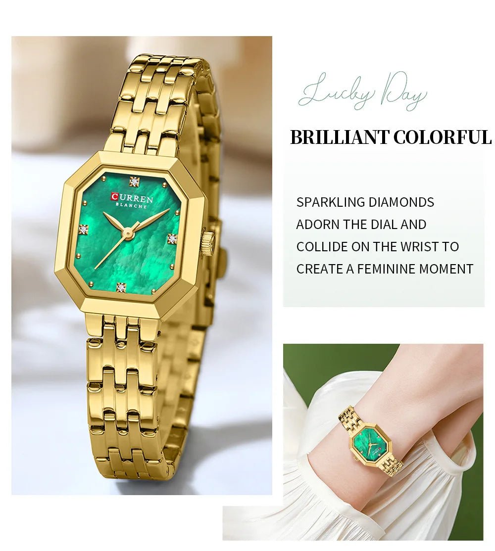C-9108L Curren Green Dial Golden Stainless Chain Steel Analog Quartz Women's Watch - Timecheck