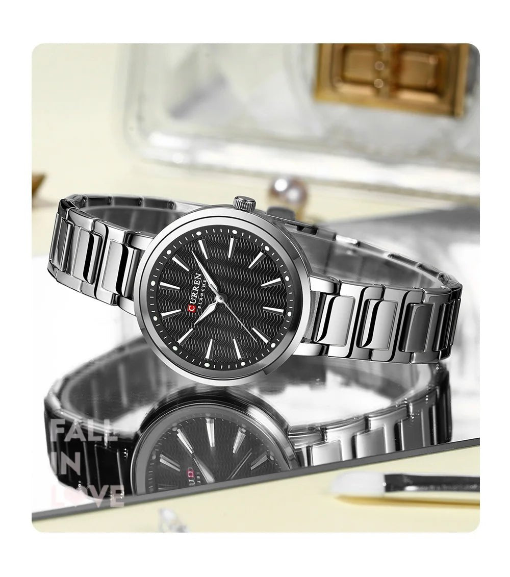C-9109L Curren Black Dial & Silver Stainless Steel Chain Analog Quartz Women's Watch. - Timecheck