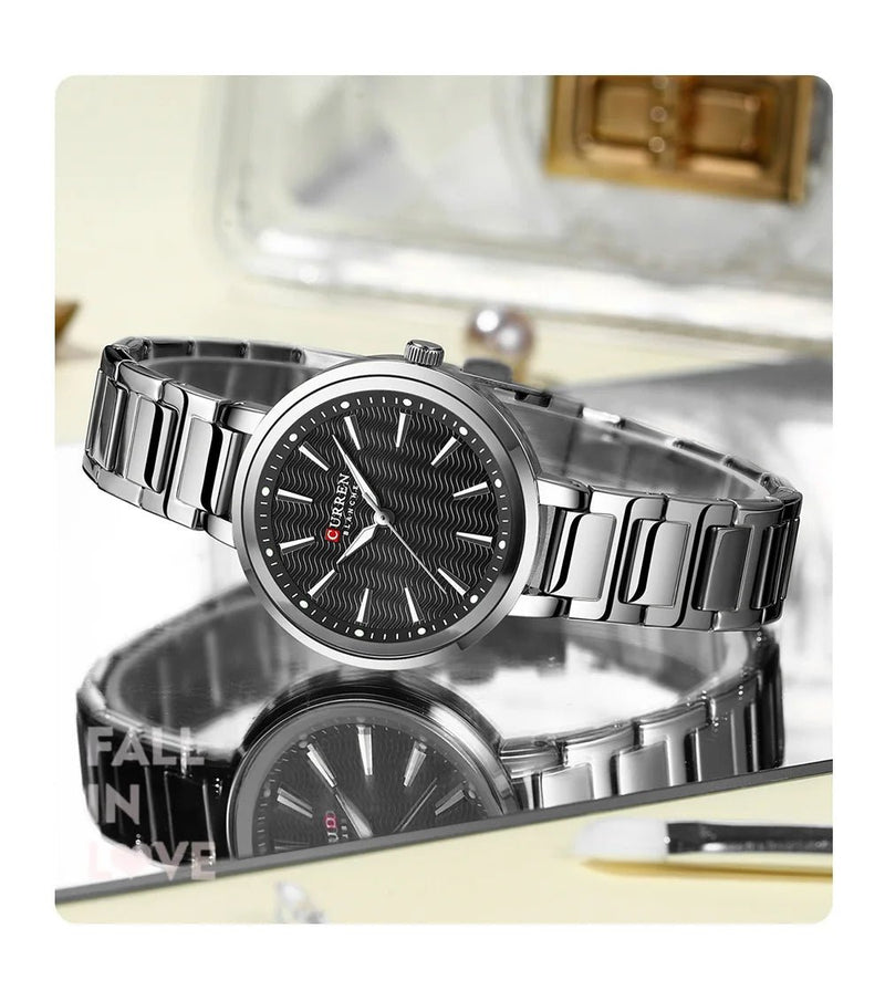 C-9109L Curren Black Dial & Silver Stainless Steel Chain Analog Quartz Women's Watch. - Timecheck