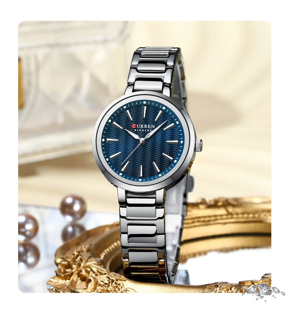 C-9109L Curren Blue Dial & Silver Stainless Steel Chain Analog Quartz Women's Watch. - Timecheck