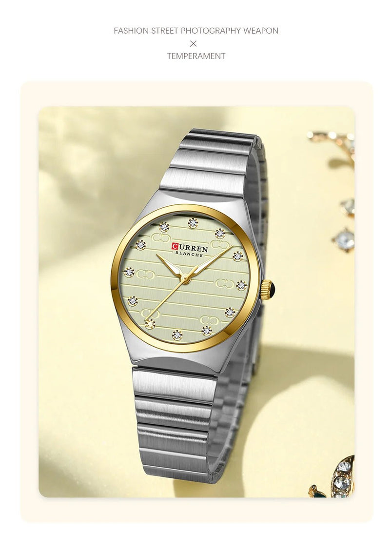 C-9110L Curren Golden Dial silver Stainless Steel Analog Quartz Women's Watch. - Timecheck