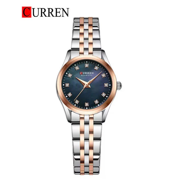 C-9111L Curren Blue Dial & Rose Gold Silver Stainless Steel Chain Analog Quartz Women's Watch. - Timecheck