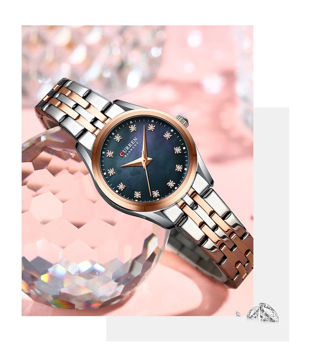 C-9111L Curren Blue Dial & Rose Gold Silver Stainless Steel Chain Analog Quartz Women's Watch. - Timecheck