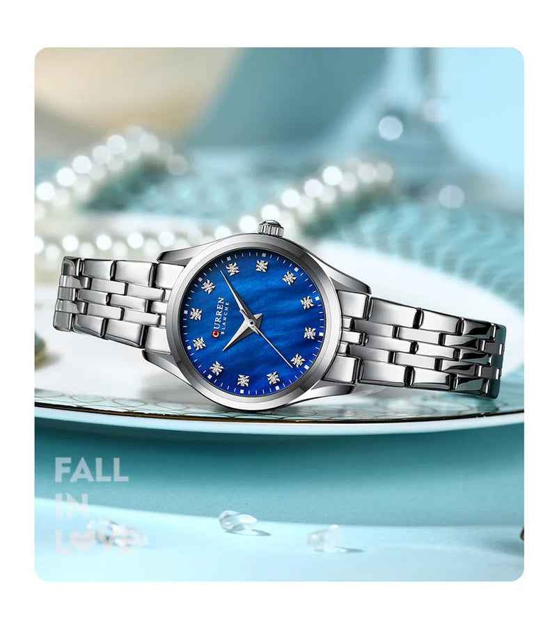 C-9111L Curren Blue Dial & Silver Stainless Steel Chain Analog Quartz Women's Watch. - Timecheck