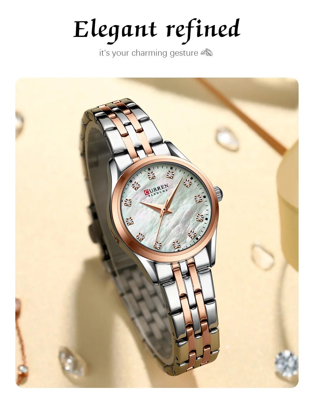 C-9111L Curren White Dial & Rose Gold Silver Stainless Steel Chain Analog Quartz Women's Watch. - Timecheck