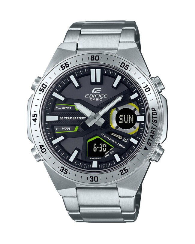 EFV-C110D-1A3VDF Casio Edifice black Dial Silver SS Chain Analog+Digital Men's Watch.