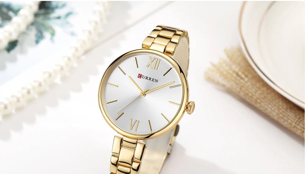 C9017L Curren White Dial & Gold Stainless Steel Chain Analog Quartz Women's Watch. - Timecheck