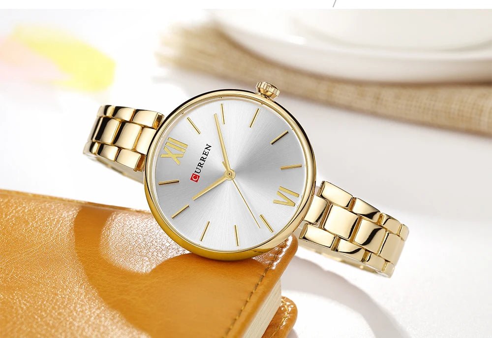 C9017L Curren White Dial & Gold Stainless Steel Chain Analog Quartz Women's Watch. - Timecheck