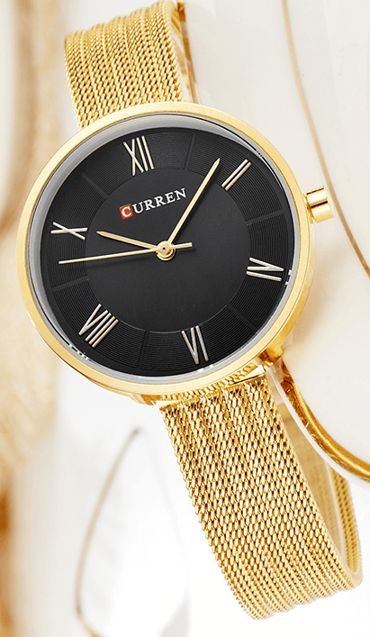 C9020L Curren Black Dial Golden Stainless Steel Band Analog Quartz Women's Watch. - Timecheck