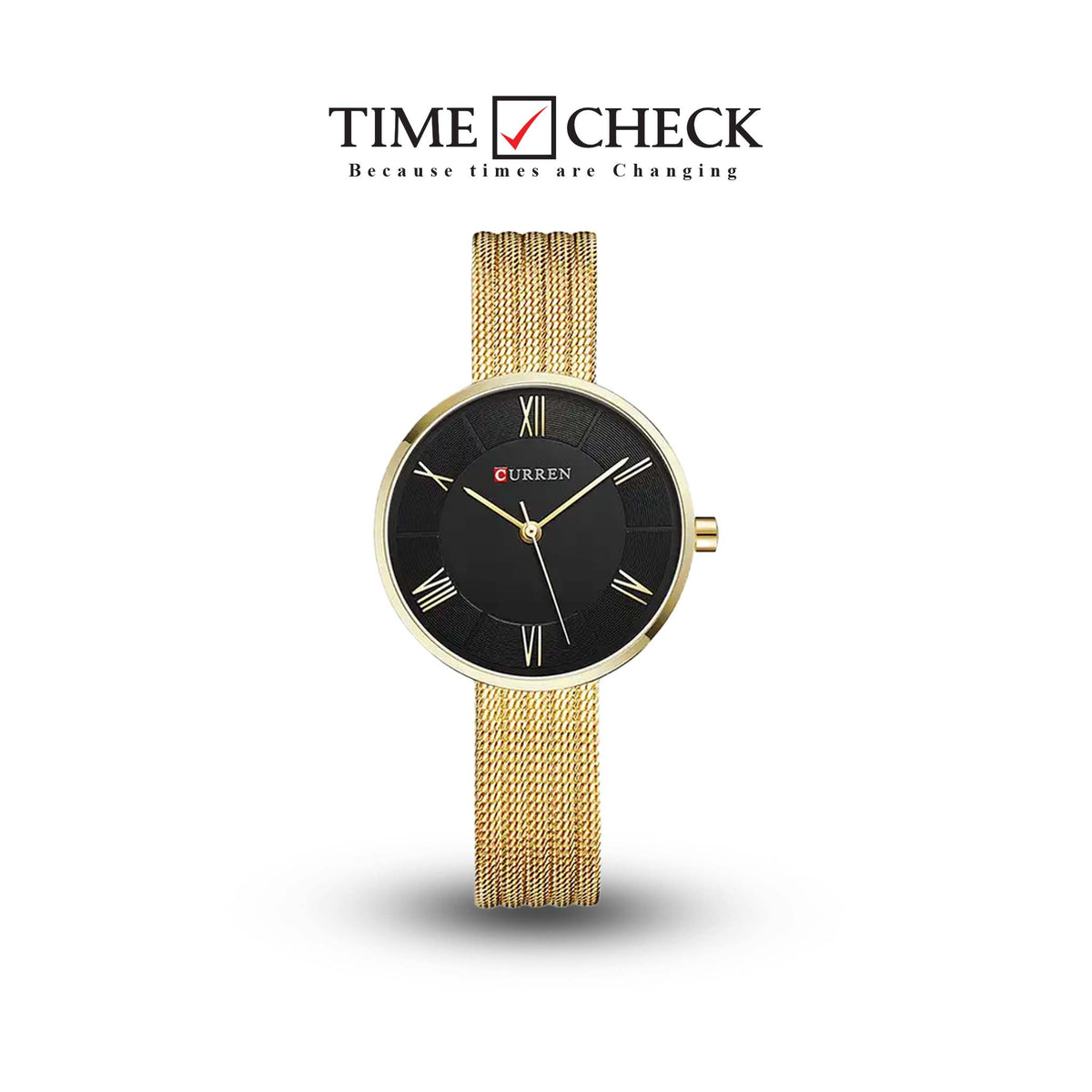 C9020L Curren Black Dial Golden Stainless Steel Band Analog Quartz Women's Watch. - Timecheck