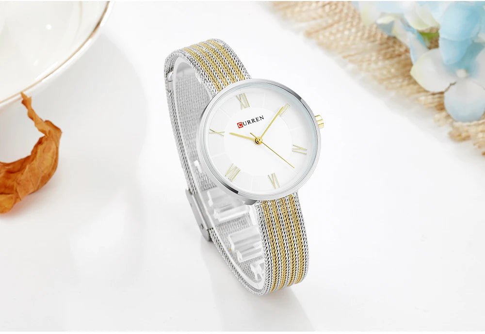 C9020L Curren White Dial Silver-Gold Stainless Steel Band Analog Quartz Women's Watch. - Timecheck