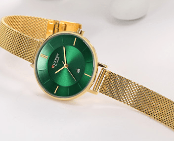 C9037L Curren Green Dial Golden Stainless Chain Steel Analog Quartz Women's Watch. - Timecheck